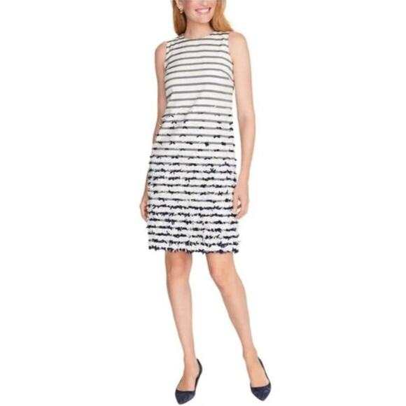 J. McLaughlin Jane Dress Women's Size 10 White Navy Striped Bows at Bottom Sleev - Picture 1 of 16